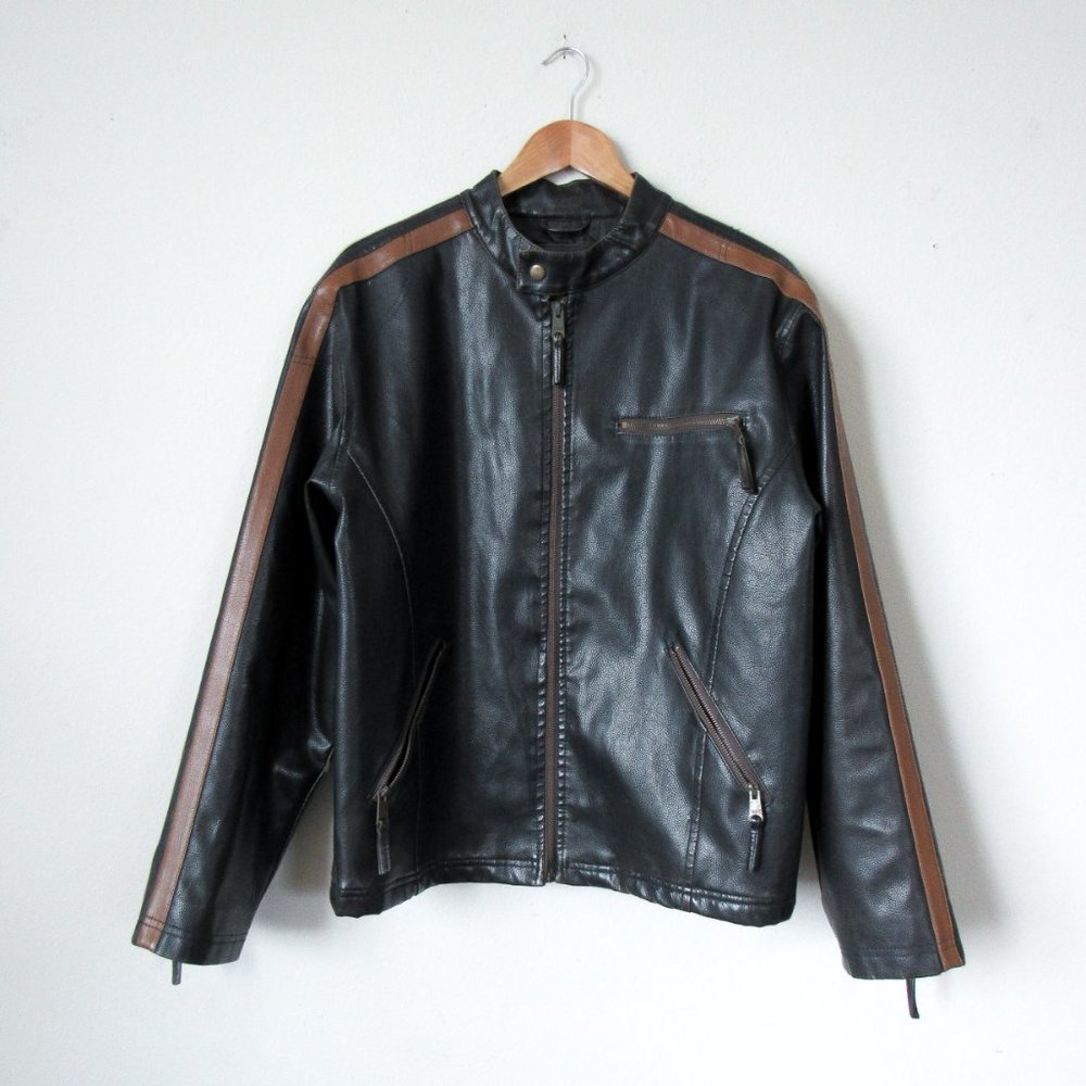VINTAGE 90s Faux Leather Moto Jacket Sporty Stripes Size Men's M or Womens M/L - Picture 15 of 16